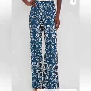 TUCKERNUCK Indigo Reflection Erin Pants Drapey Straight Wide Leg Floral Sz L